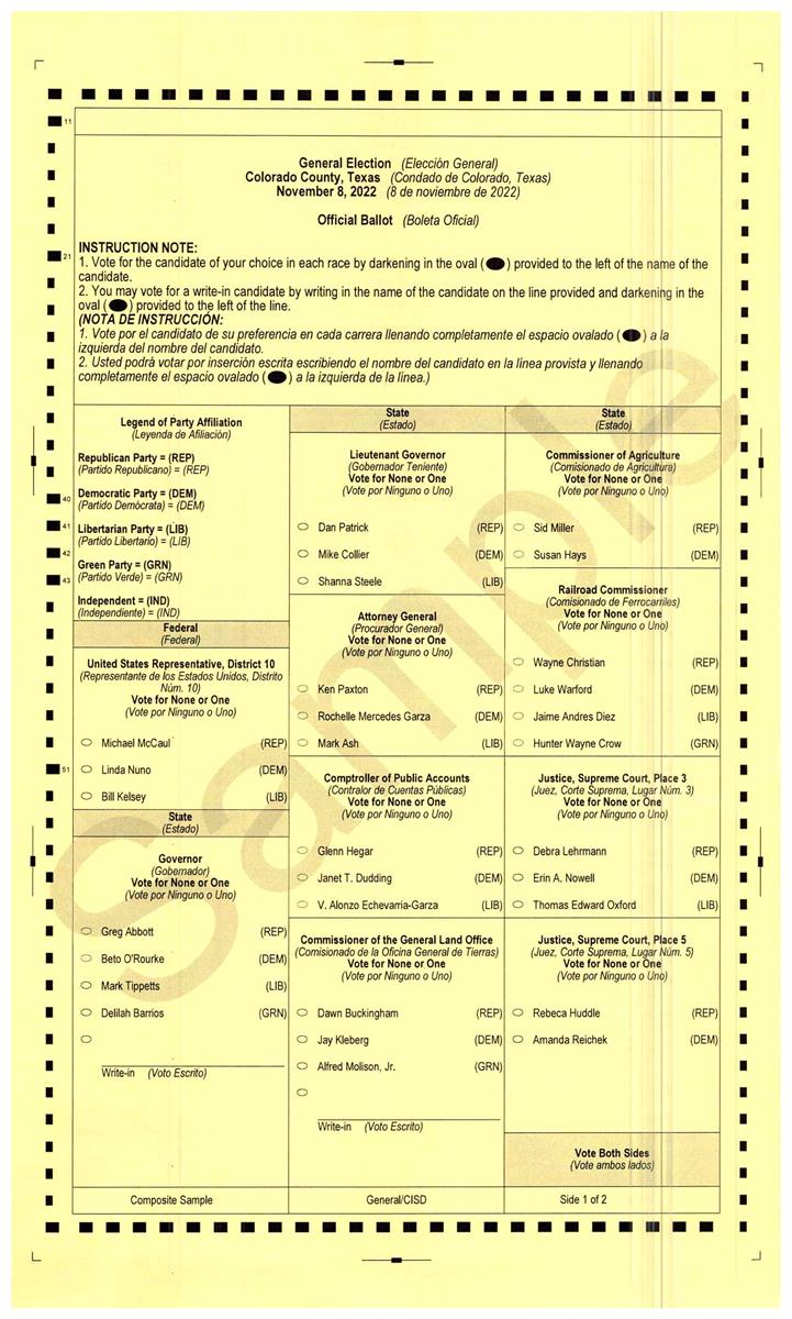 November 8 2022 General Election sample ballot page 1
